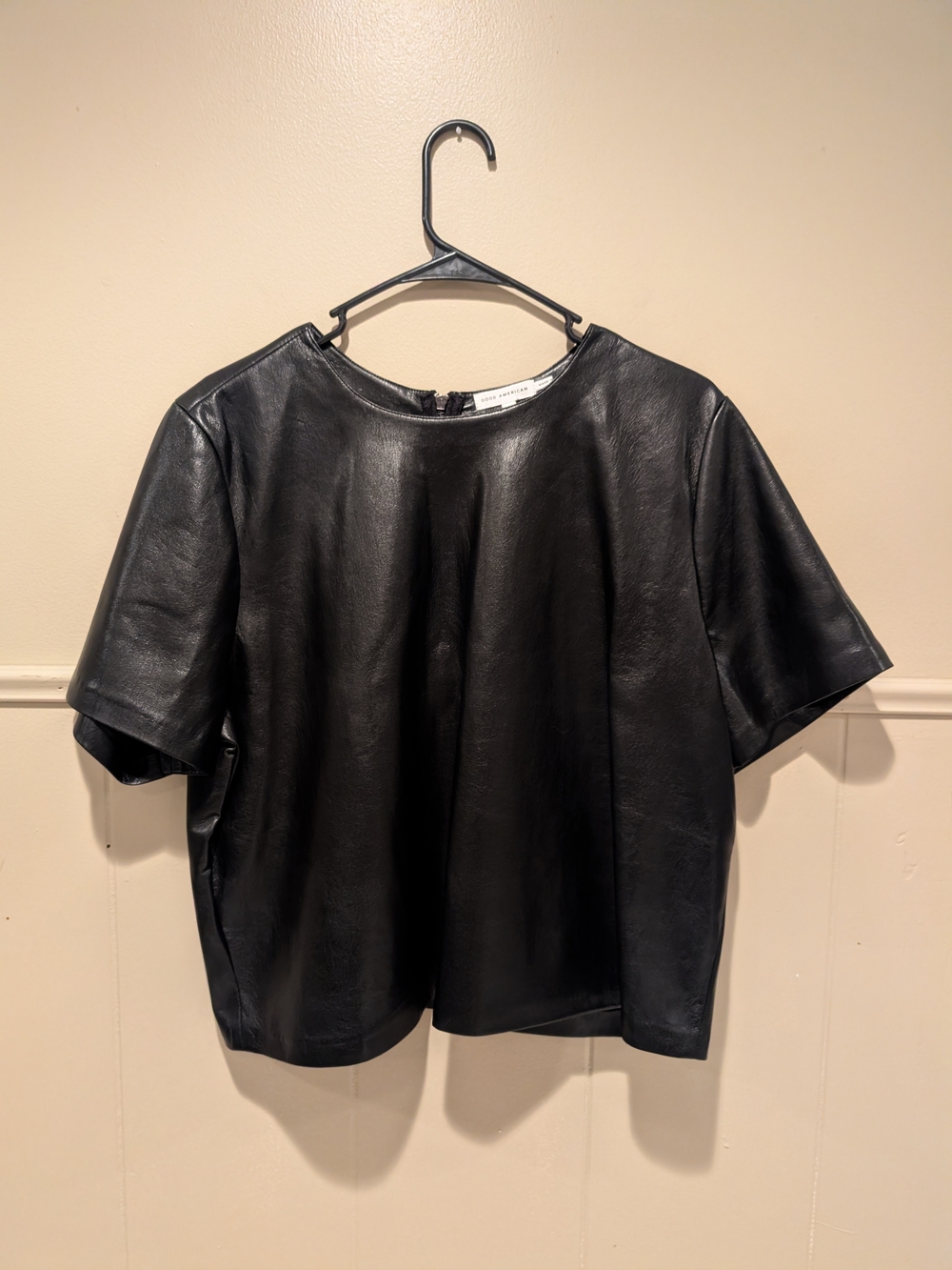 Good American Faux Leather Short-Sleeve Boxy Top in Black